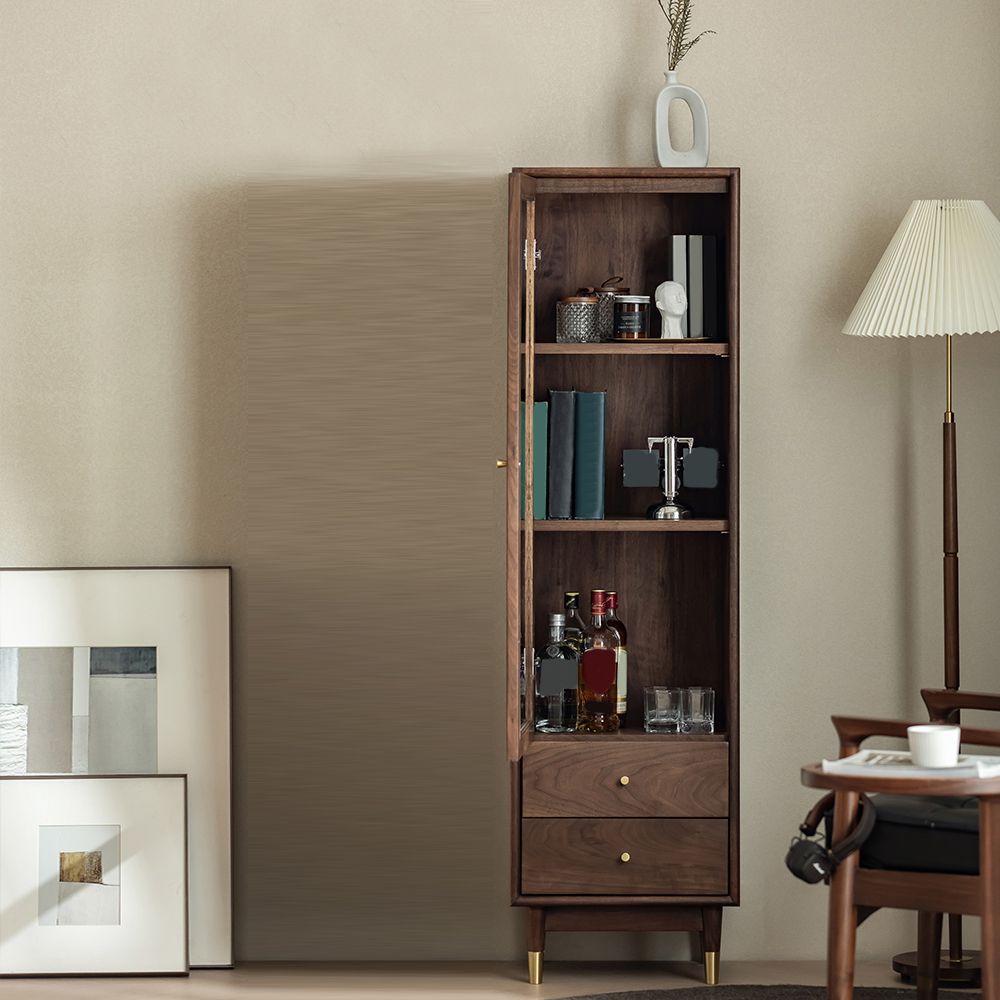 66.9" Tall 2-Drawer Accent Cabinet Solid Wood Glass Paned Side Cabinet in Walnut Brown