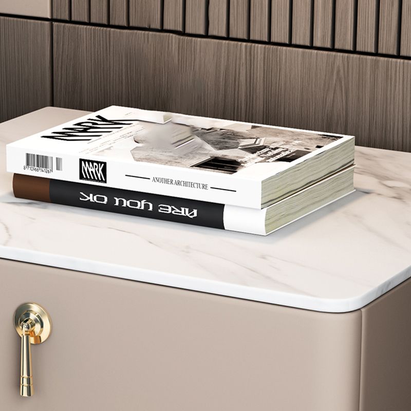 Classic Glam Accent Table Nightstand Stone Bedside Cabinet with Drawers