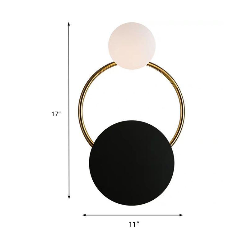 2-Bulb Opaline Glass Wall Light Vintage Style Black Globe Bedroom Wall Sconce with Round Backplate