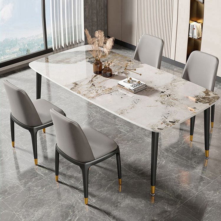 Rectangle Stone Top Dining Table Glam Style Kitchen Dining Table with Black Legs