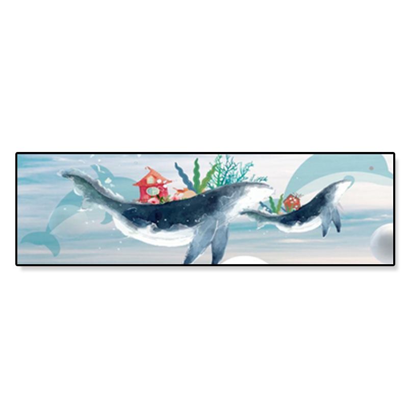 Fantasy Flying Whale Canvas Cartoon Textured Wall Art Print in Soft Color for Kids Room