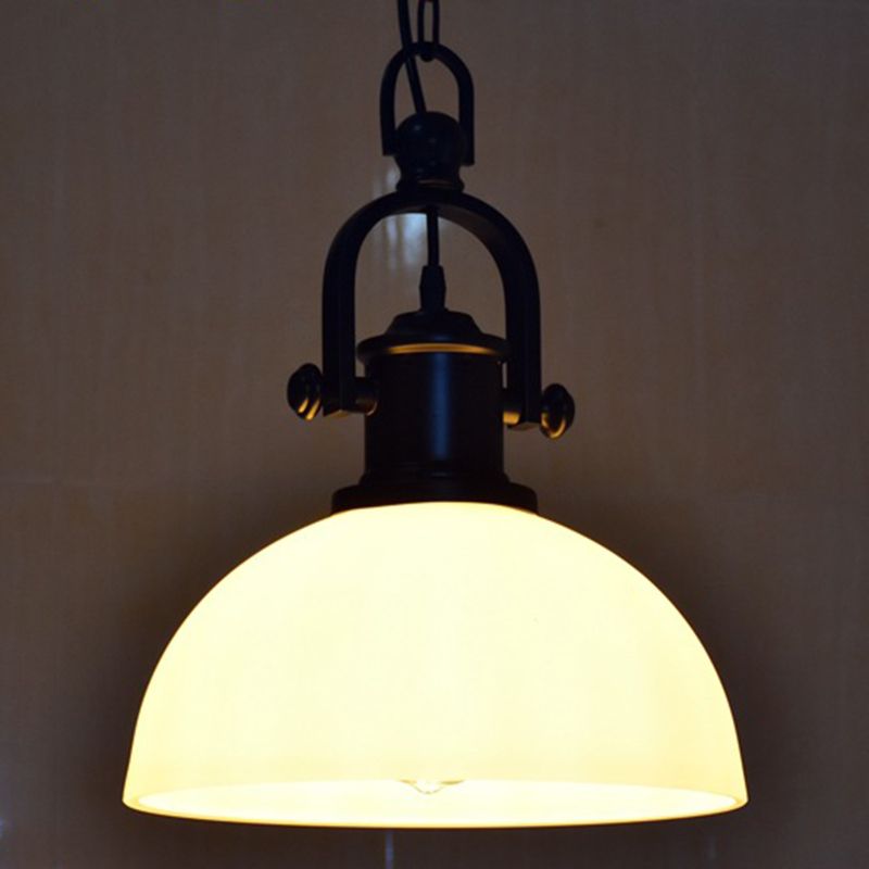 Wrought Iron Single Hanging Light in Industrial Retro Style Dome Glass Ceiling Light for Dining Room