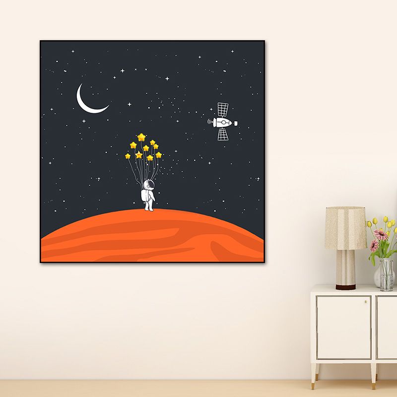 Astronaut and Starry Night Canvas Textured Kids Style Bedroom Wall Art Decor in Dark Color