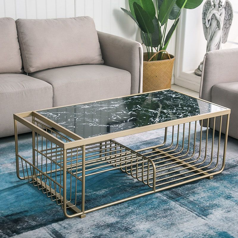 Glam Rectangle Coffee Table with 3 Shelves and Marble Top Cocktail Table