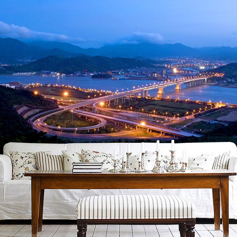 Custom Photographic Modern Mural with Aerial View of Night City in Dark Color for Bedroom