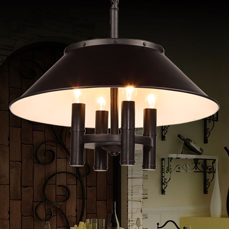 4 Lights Chandelier Lighting with Conic Shade Metallic Farmhouse Style Dining Room Hanging Lamp in Black