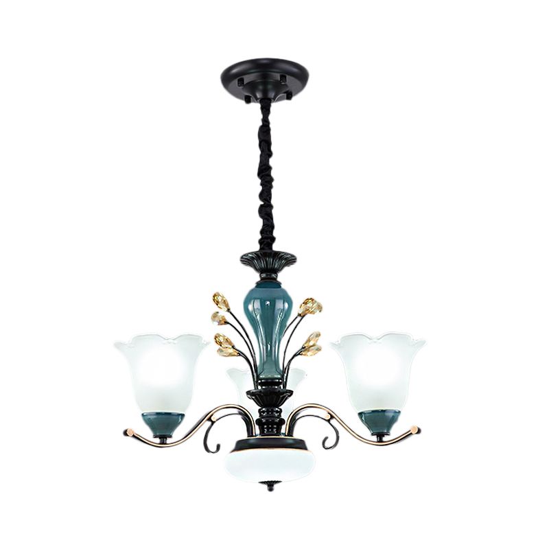 Flower Shade Suspension Lamp Countryside 3/6/8-Head Milky Glass Pendant Chandelier in Green