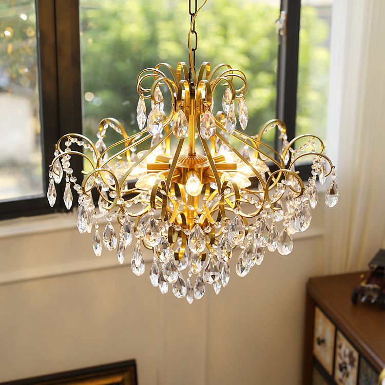 Brass Scrolls Chandelier Pendant Countryside Crystal Dining Room Hanging Light