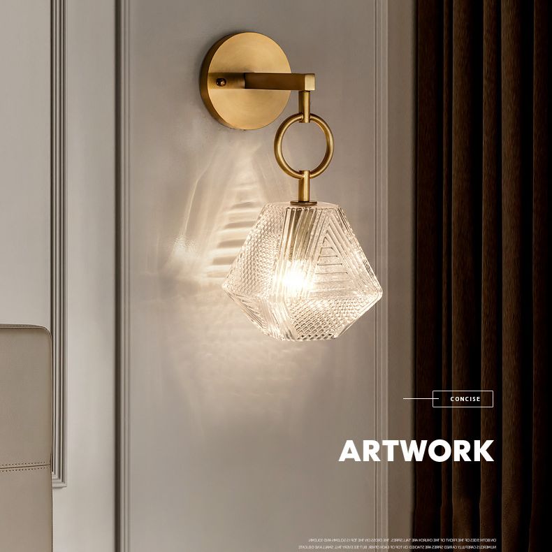 Brass Hexagon Wall Sconce in Modern Luxury Style Copper Wall Lamp with Pure Glass Shade
