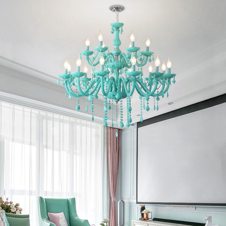 Multi Light Candle Branch Hanging Pendant Modern Style Crystal Hanging Lighting in Green