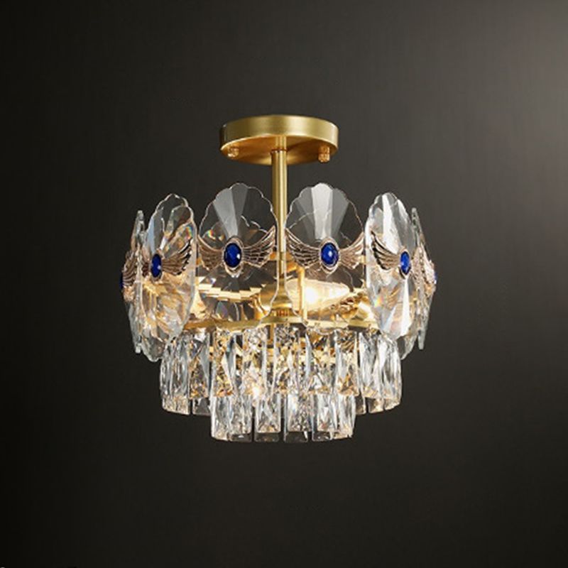 Tiered Semi Flush Light Artistic Beveled Crystal Living Room Flush Ceiling Light Fixture in Gold