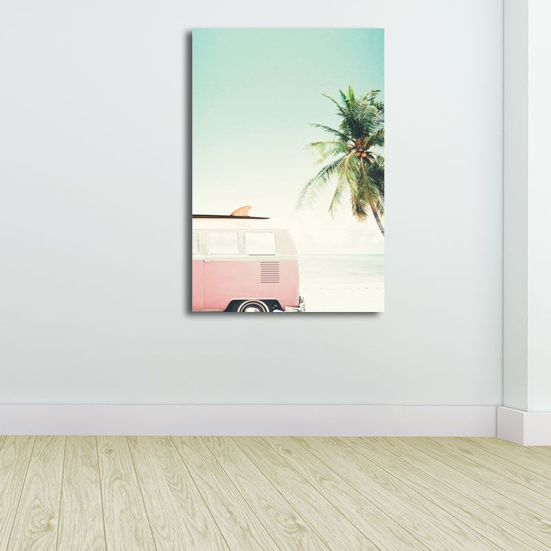 Bus and Coconut Tree Canvas Tropical Textured Wall Art Print in Green and Pink for Room