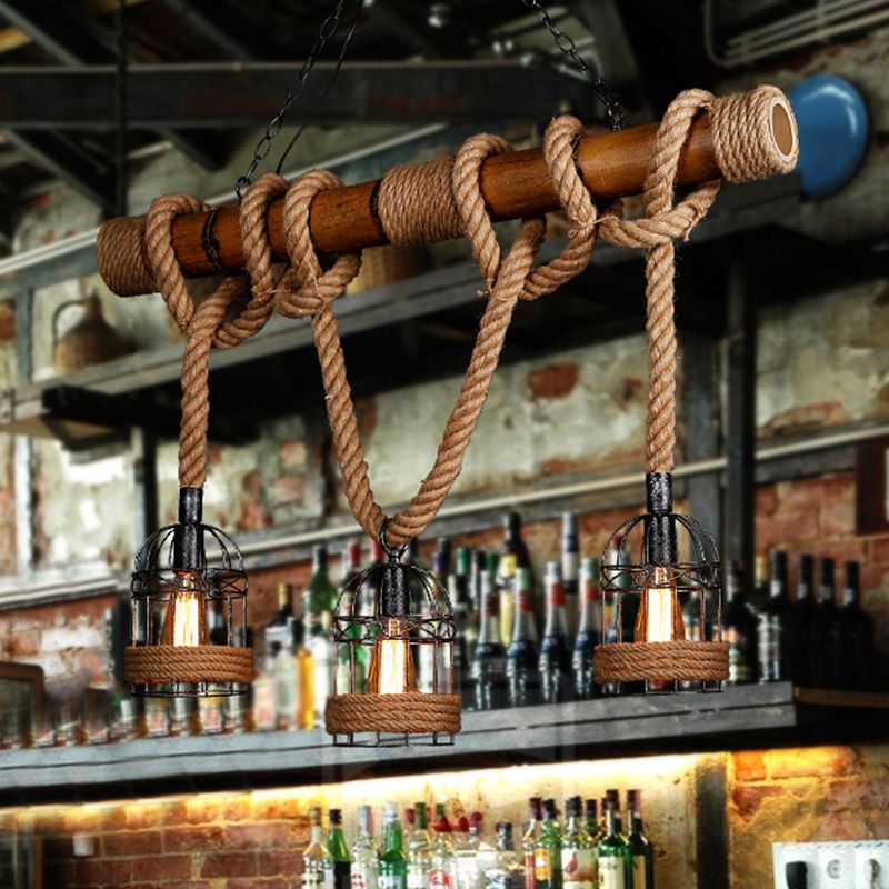 Linear Bamboo Island Lighting Rustic Style Bar Chandelier Light Fixture in Beige