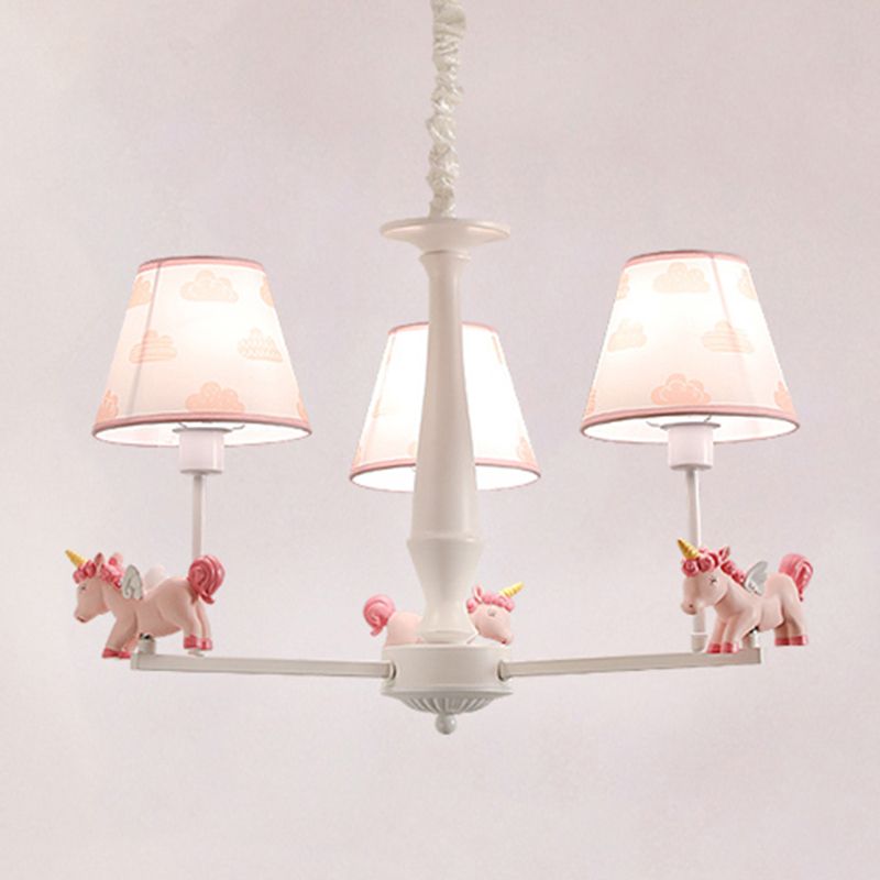 Patterned Fabric Tapered Chandelier Pendant Light Cartoon Pink Hanging Light with Unicorn Decor