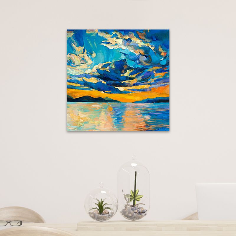Blue Scenery Canvas Wall Art Modern Stunning River and Sunset Glow Painting in Blue