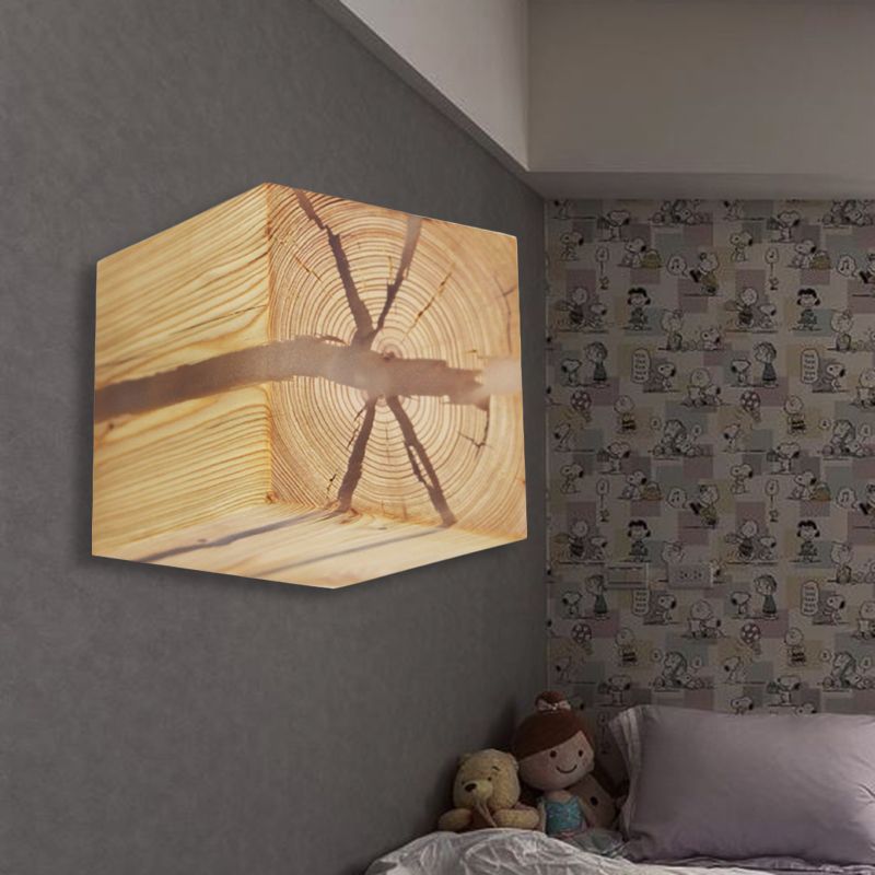 Rustic Style Cracked Cube Wall Light Wood Sconce Light for Kids Bedroom Nursing Room