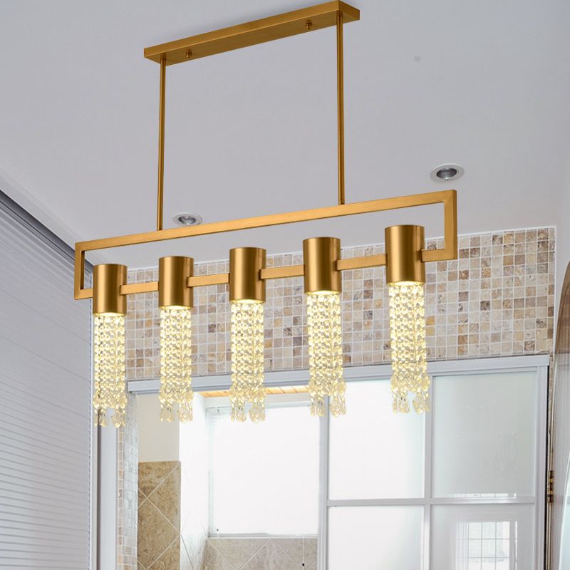 Brass 15-Light Island Pendant Postmodern Crystal Draping Linear Suspended Lighting Fixture