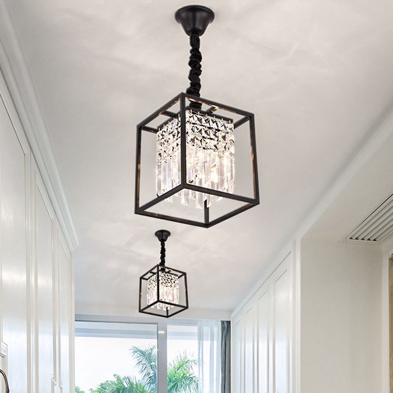Cube Metal Cage Pendant Light Crystal Ceiling Light for Dining Room