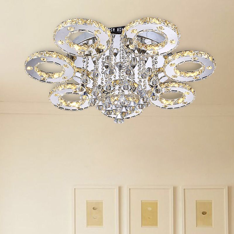 Ring Semi Flush Light Contemporary K9 Crystal Chrome 23.5"/28"/33.5" Wide LED Ceiling Lamp, Warm/White/2 Color Light