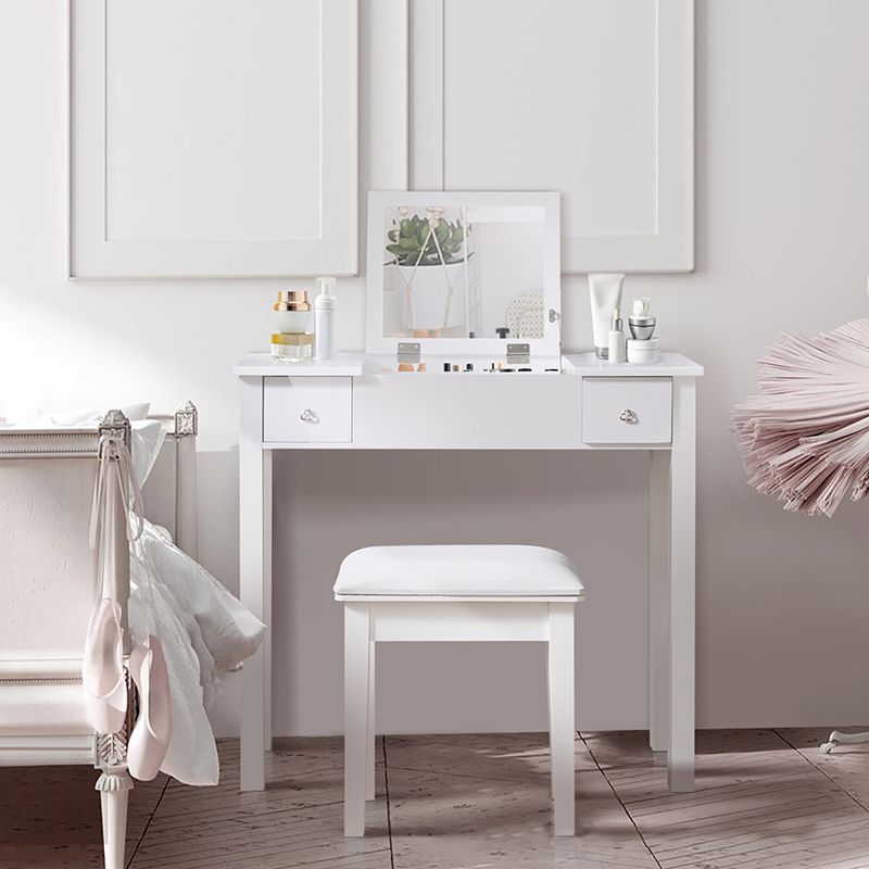 Flip Single Mirror Vanity Desk Double Drawers Straight Feet Dresser in White