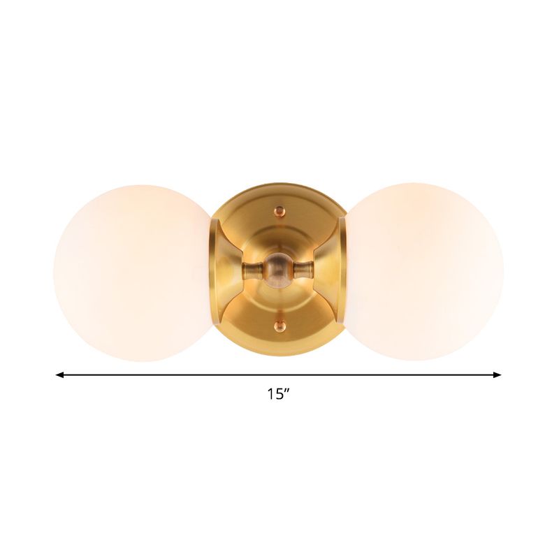 Spherical Sconce Contemporary Milky Glass 2 Heads Wall Mount Light Fixture in Brass