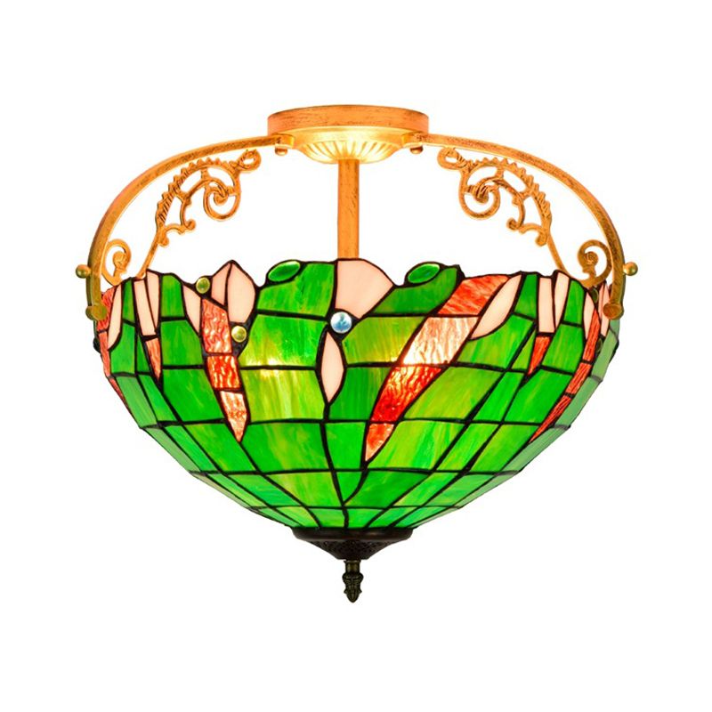 Towl Green Semi Flush Lighting Tiffany 3 luces de vidrio manchado cerca de la lámpara de techo para el dormitorio