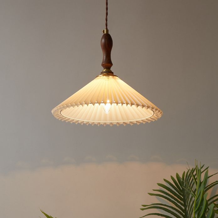 Pleated Fabric Conical Pendant Lamp Minimalist 1-Light Beige Hanging Light for Dining Room