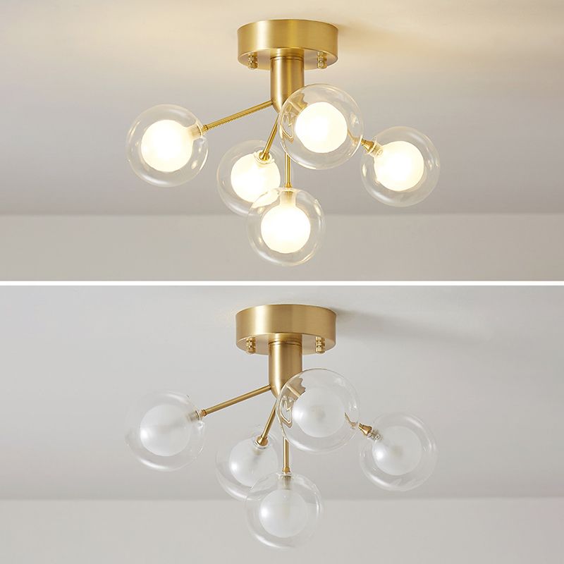Ball Semi Flush Mount Chandelier Modern Clear and Frosted Glass 5-Light Corridor Ceiling Light