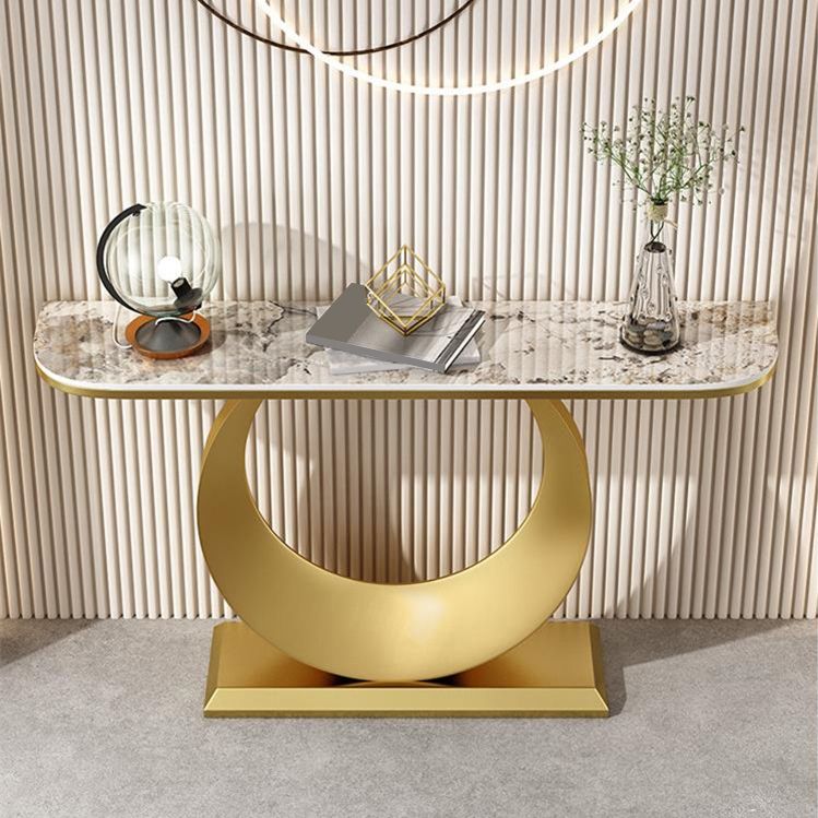 Contemporary Console Accent Table Antique Finish Half Moon Console Sofa Table in Stone