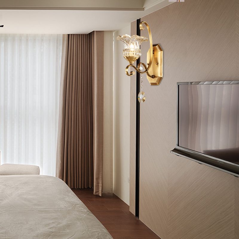 Flower Sconce Light Fixture Modern Clear Glass 1/2 Lights Brass Wall Lamp with Crystal Accent