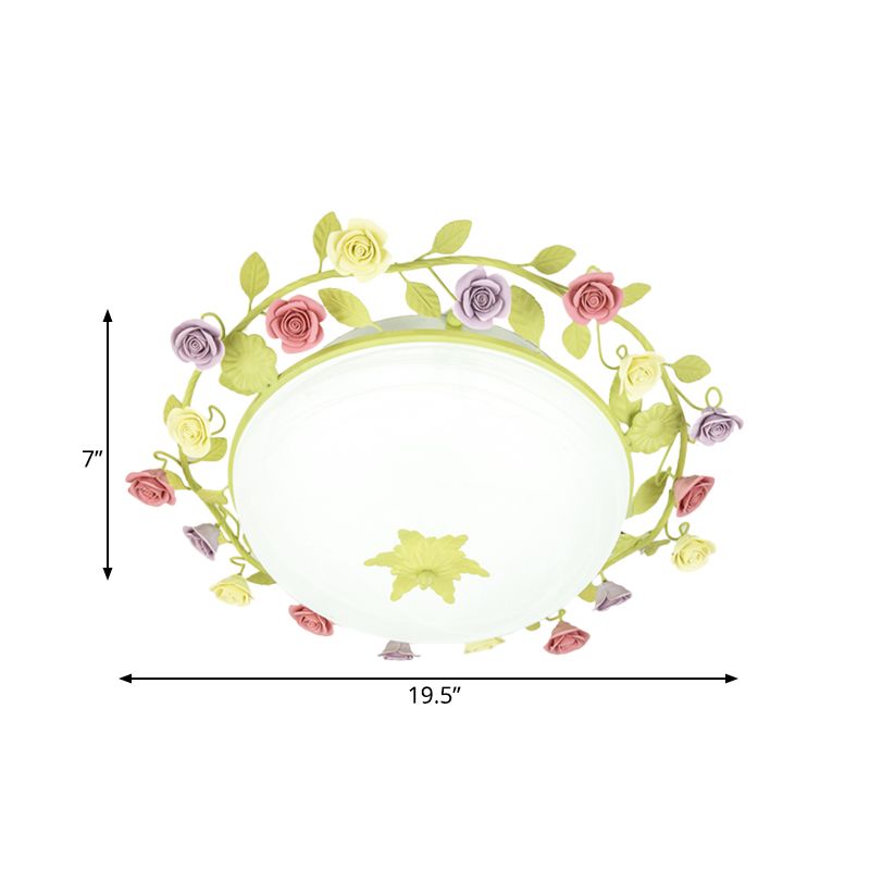Lampada da soffitto per camera da letto pastorale a 3 luci in ceramica con ghirlanda di rose verdi e paralume in vetro smerigliato, dimensioni piccole/grandi