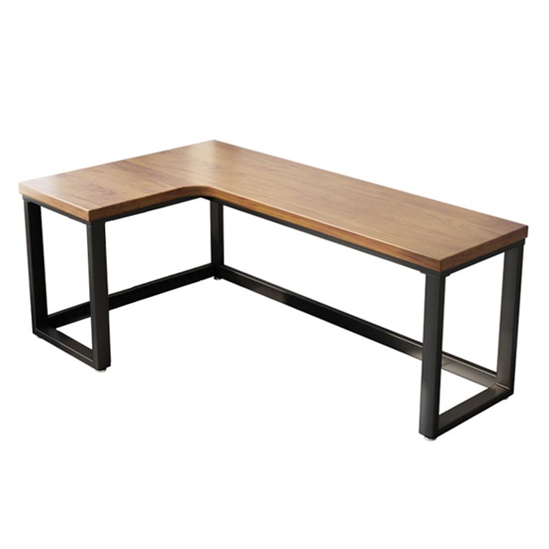 Solid Wood Writing Desk Brown L-Shape Desk with Black Steel Table Leg