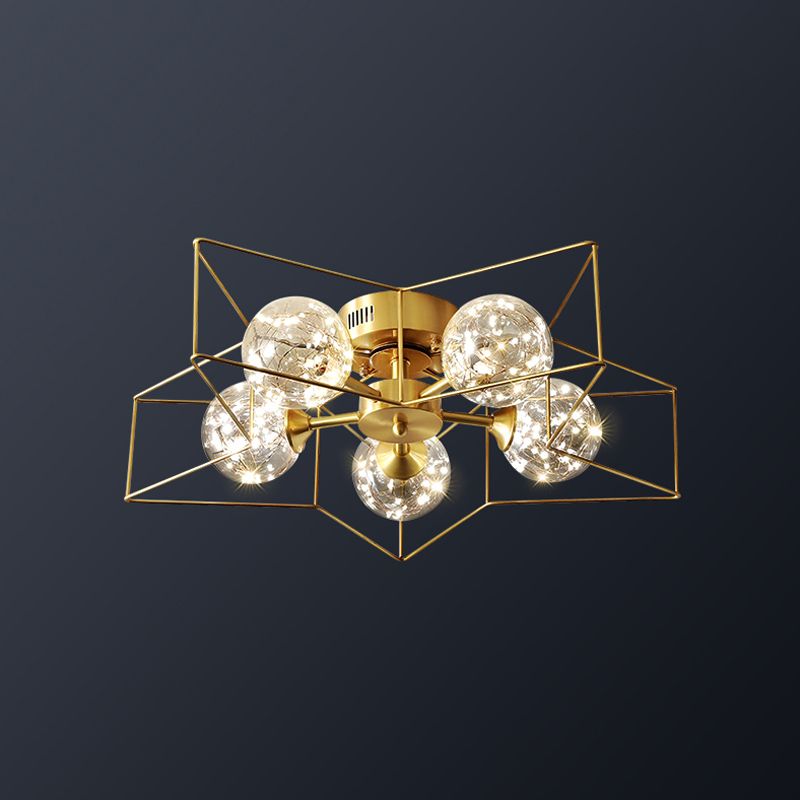 Clear Glass Sphere LED Semi Flush Modern Style 5 Heads Brass Flush Ceiling Light Fixture with Star Metal Frame