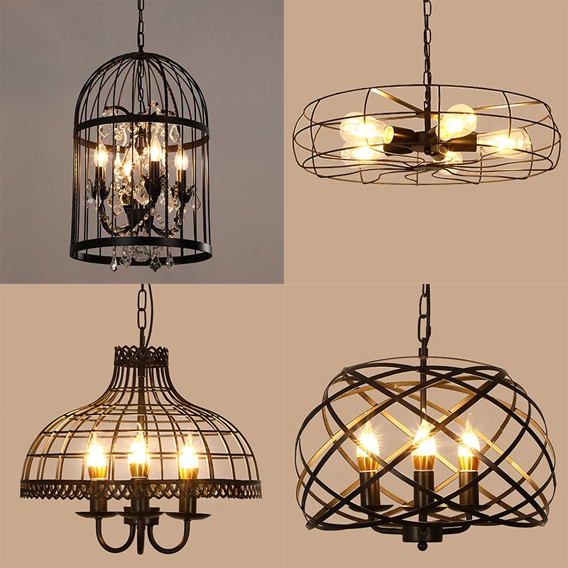 Cage Shaped Restaurant Chandelier Light Fixture Industrial Metal Black Pendant Light Fixture
