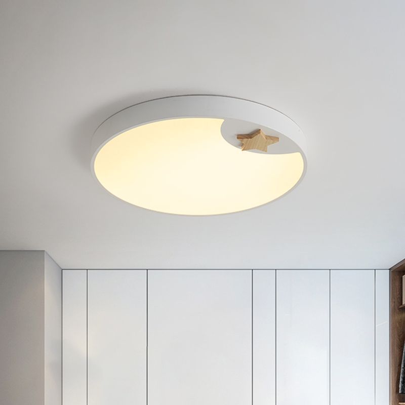 Circle Acrylic Ceiling Fixture Contemporary 16"/19.5" Wide LED White Flush Light with Wood Star Deco