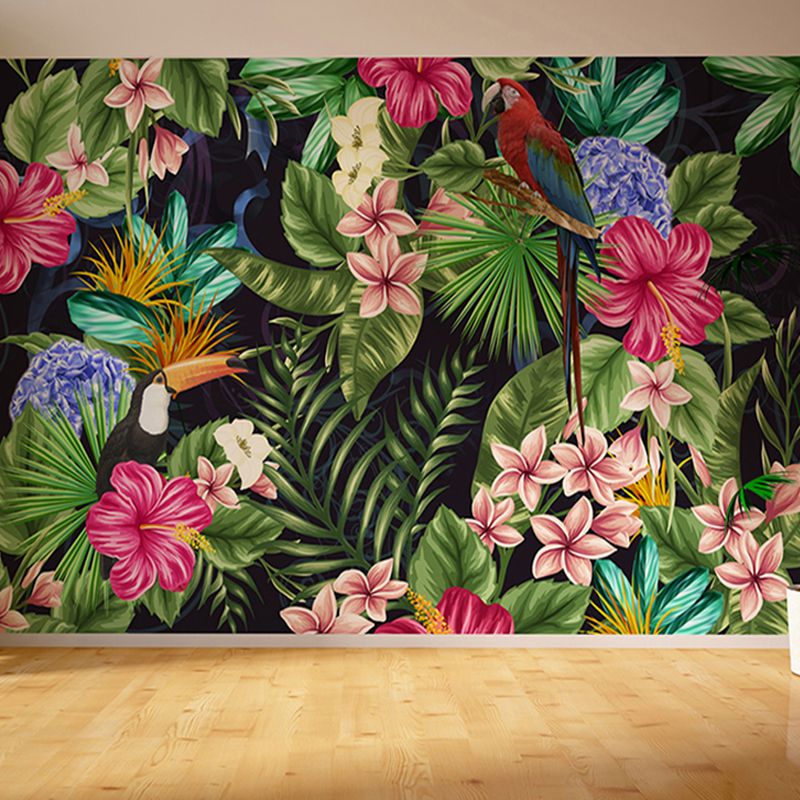Green Jungle and Flower Mural Wallpaper Stain-Resistant Wall Decor for Guest Room