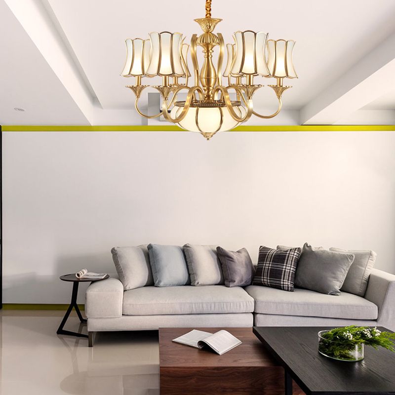 6 Heads Chandelier Lighting Colony Sputnik Metal Suspended Lighting in Gold with Scallope Frosted White Glass Shade