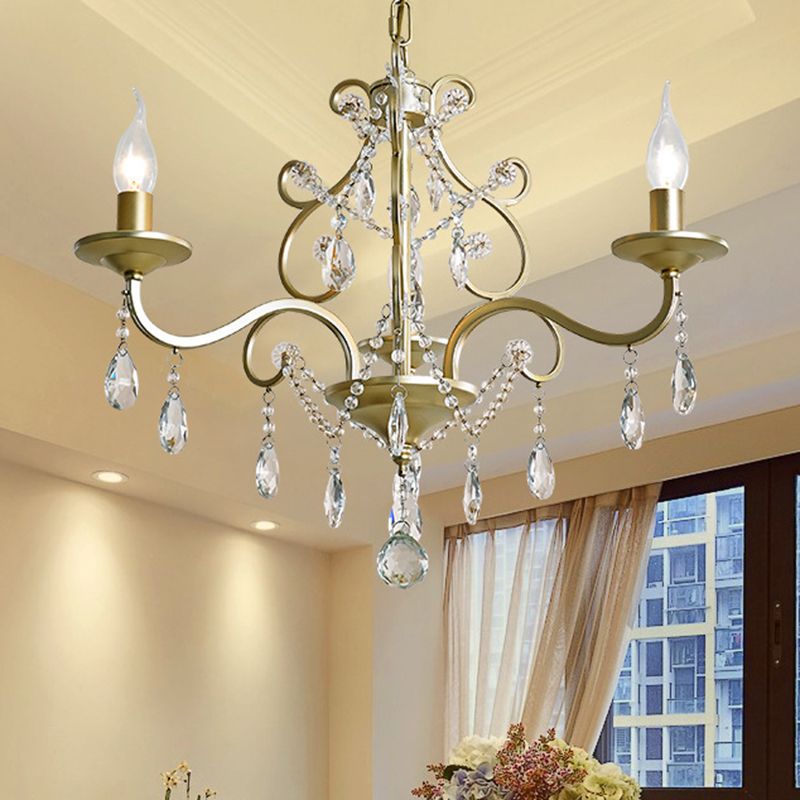 Metal Gold Hanging Chandelier Bent Arm 3/6-Bulb Contemporary Drop Pendant with Crystal Accent