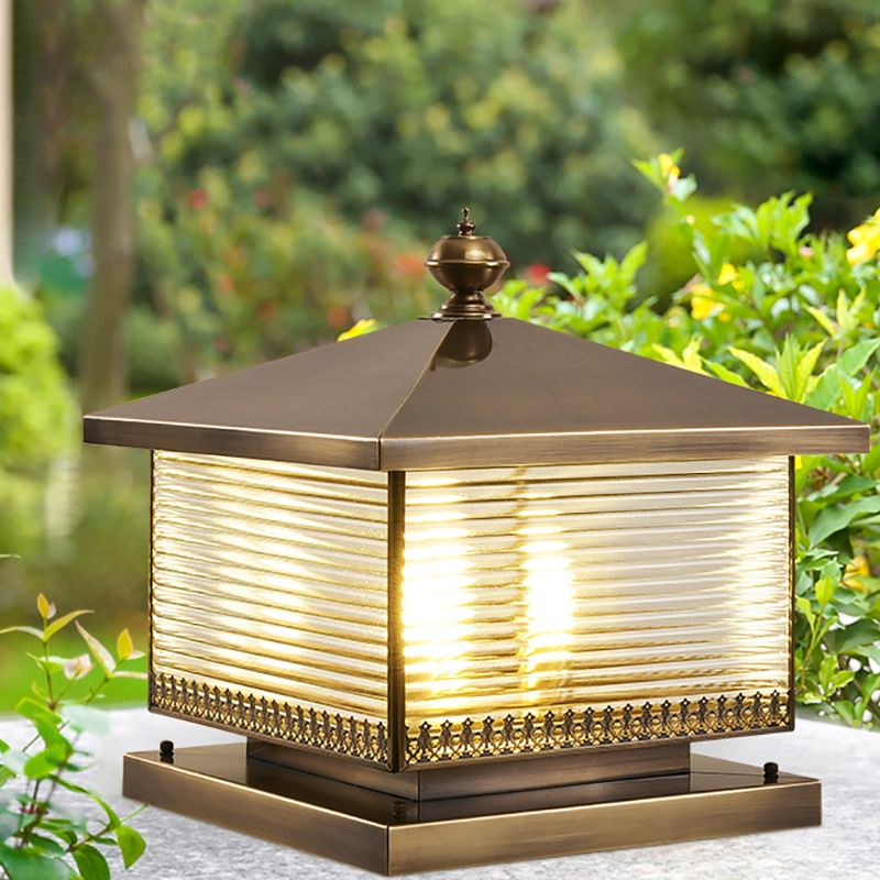 Square Shape Metal Pillar Lamp Modern Style Waterproof Outdoor Light in Bronze