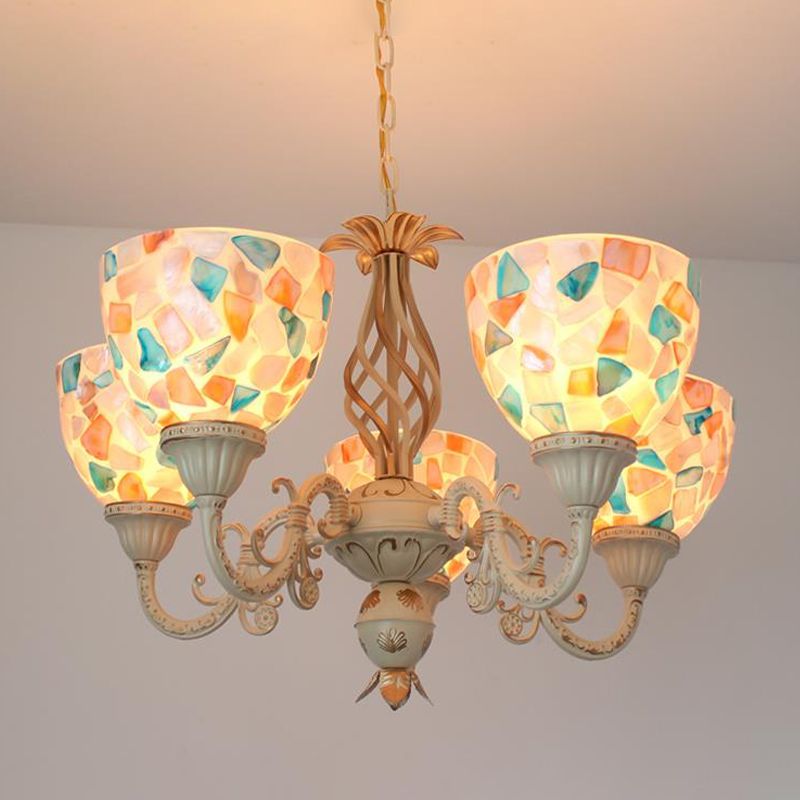 3/5 Lights Ceiling Chandelier Tiffany Mosaic Shell Suspension Pendant in White for Bedroom, Up/Down