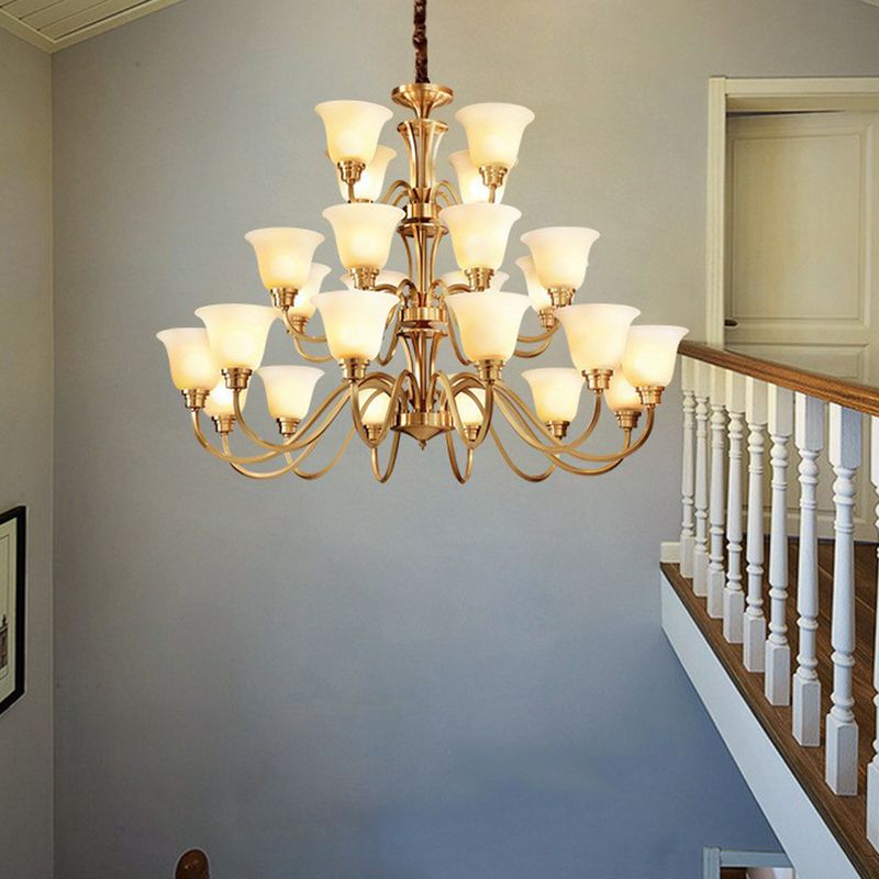 Traditional Flared Up Chandelier Semi-Opaque Glass Pendant Light Fixture in Brass