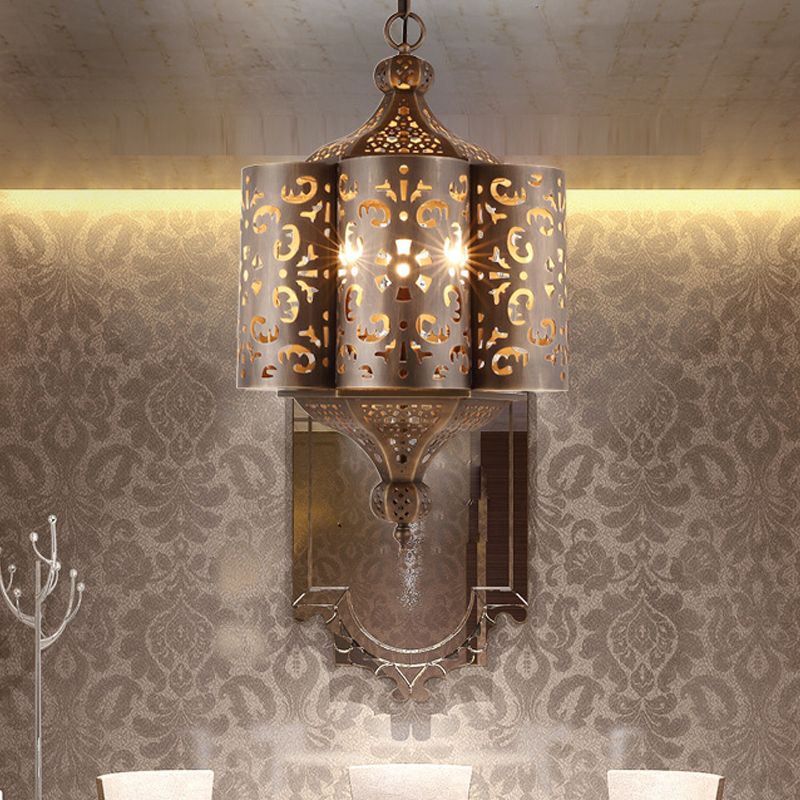 Cutout Metal Pendant Chandelier Arabian 6 Bulbs Restaurant Hanging Light Fixture in Brass