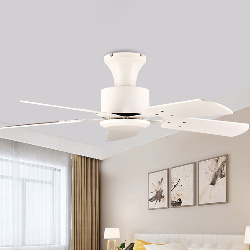 Cirkel eetkamer ventilator licht eenvoudig metalen led witte semi -spoelbevestiging met 5 houten messen, 32 "/36" breed
