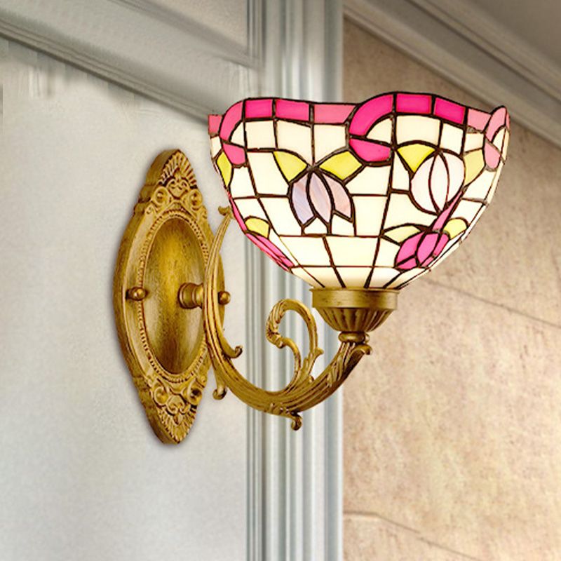 Grape/Blossom Vanity Lighting Fixture 1 Light Stained Art Glass Victorian Sconce Light in Brass for Bathroom