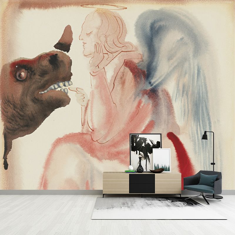 Red Angel Feeding Rhino Mural Decal Washable Wall Art for Hallway, Made to Measure