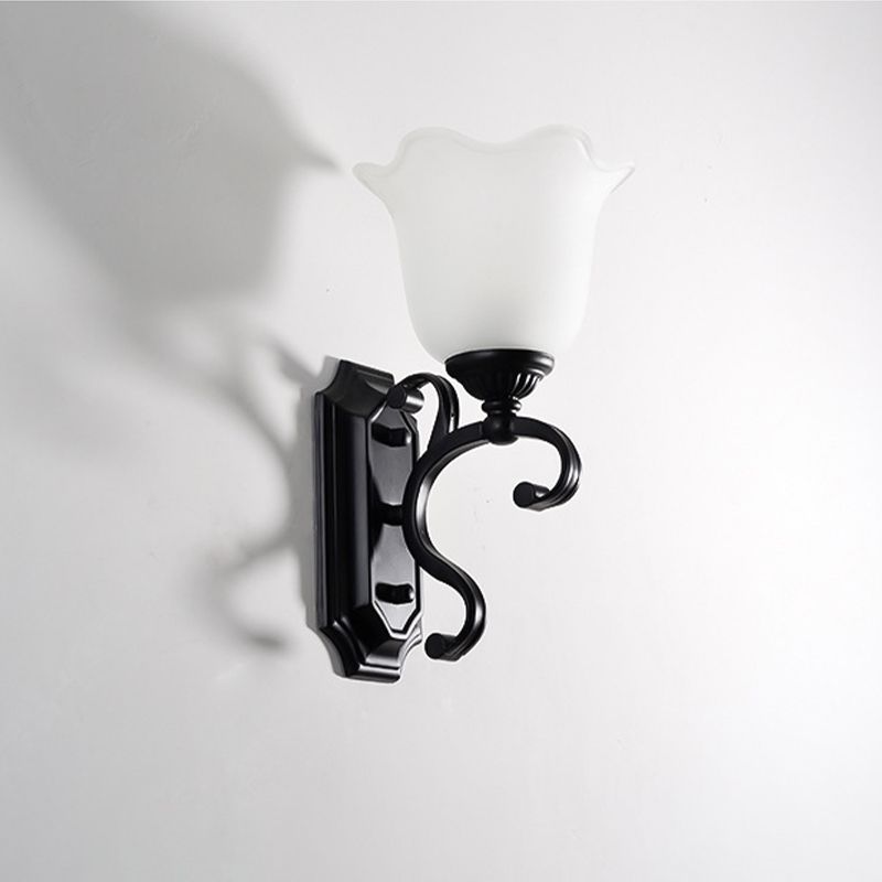 Frost Glass Black Wall Light Fixture Flower Shaped Vintage Wall Mounted Lamp for Bedroom