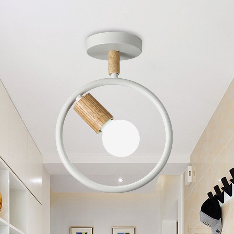 Circle Metal Flushmount Lighting Simple 1 Bulb Grey/Green/White Semi Close to Ceiling Lamp with Tube Wood Arm