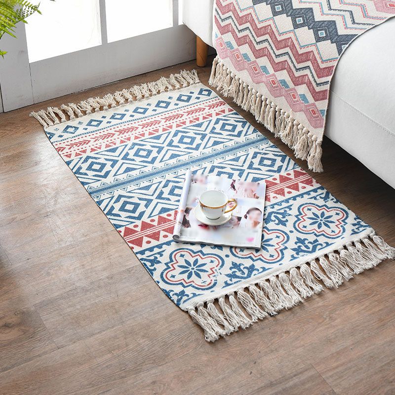 Alfombra con estampado de rayas contemporáneas, alfombra mezclada de algodón con flecos para decoración del hogar