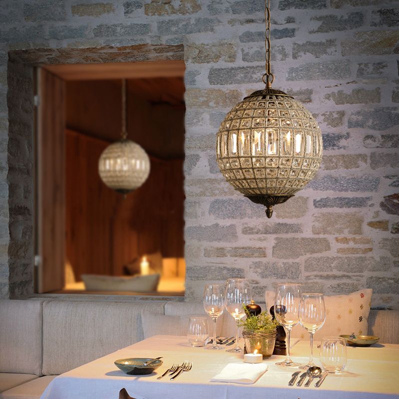 French Country Globe Pendant Chandelier Crystal-Encrusted Suspension Lamp in Brass