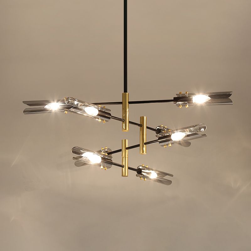 Lampada del lampadario tubolare Fumo moderno Grigio grigio vetro a 8 teste Black e ottone Brass Affermazione Lampada a sospensione